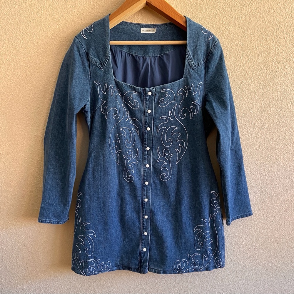 Dress - Avec Les Filles - Blue Denim - Western Boot-Like Embroidered Stitching - Picture 4 of 11